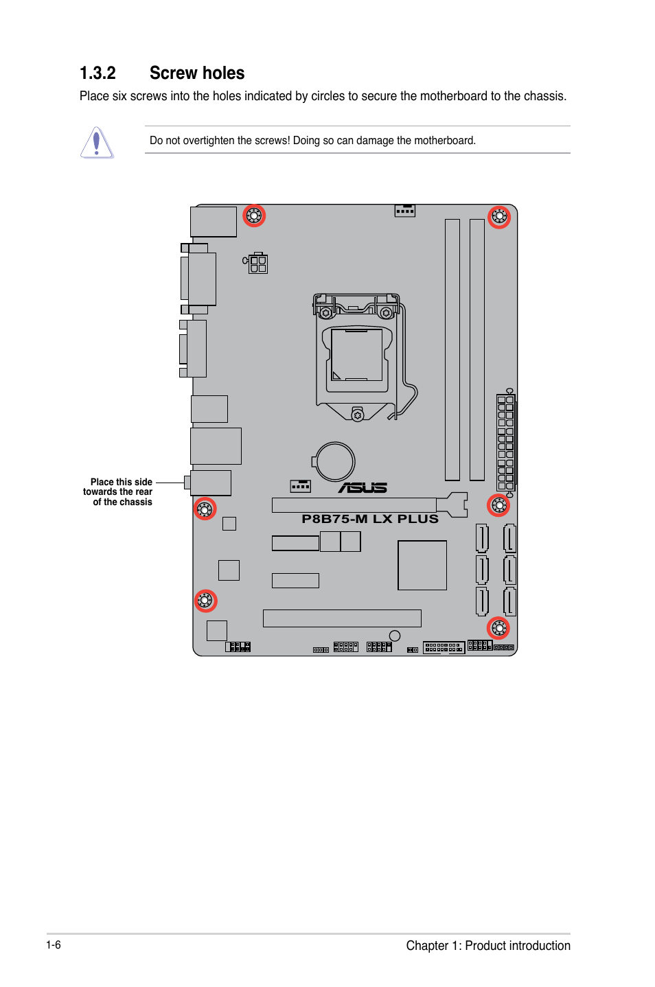 2 screw holes, Screw holes -6 | Asus P8B75-M LX PLUS User Manual | Page 16 / 80