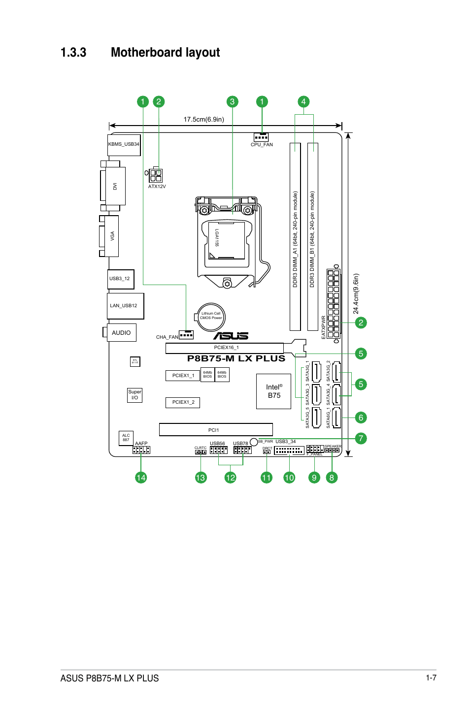 3 motherboard layout, Motherboard layout -7, Asus p8b75-m lx plus | P8b75-m lx plus | Asus P8B75-M LX PLUS User Manual | Page 17 / 80