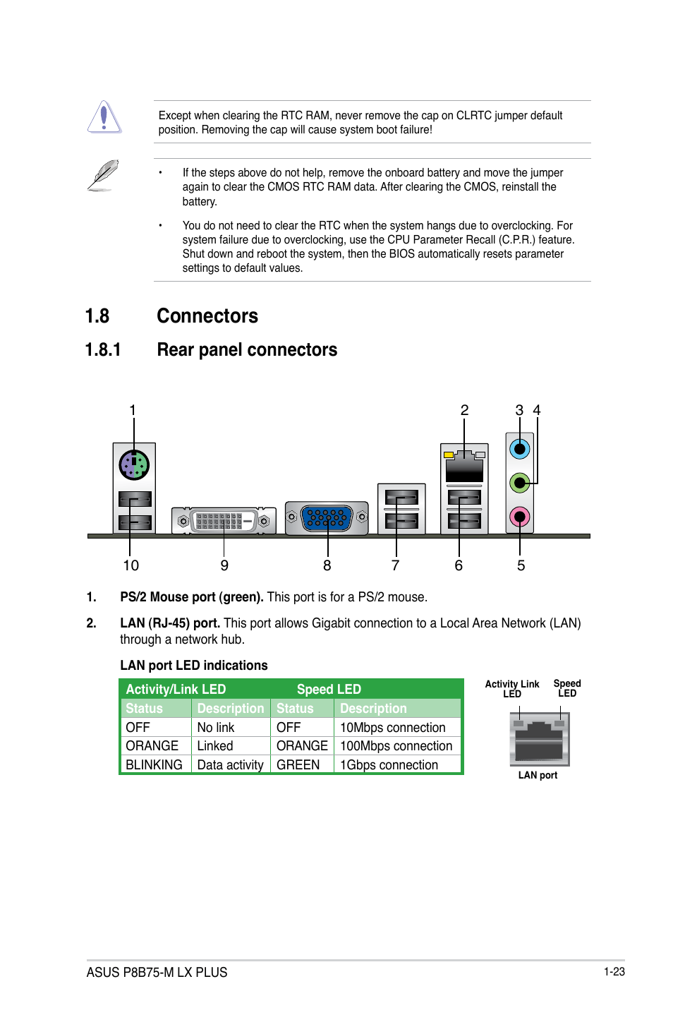 8 connectors, 1 rear panel connectors, Connectors -23 1.8.1 | Rear panel connectors -23 | Asus P8B75-M LX PLUS User Manual | Page 33 / 80