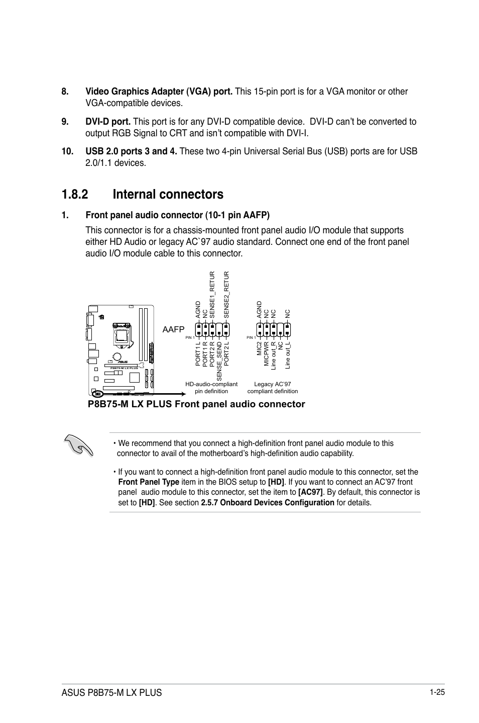 2 internal connectors, Internal connectors -25, Asus p8b75-m lx plus | P8b75-m lx plus front panel audio connector | Asus P8B75-M LX PLUS User Manual | Page 35 / 80