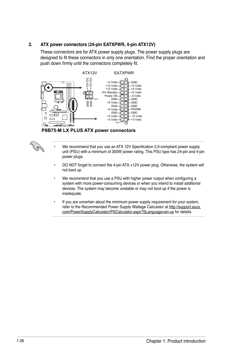 Chapter 1: product introduction, P8b75-m lx plus atx power connectors | Asus P8B75-M LX PLUS User Manual | Page 36 / 80