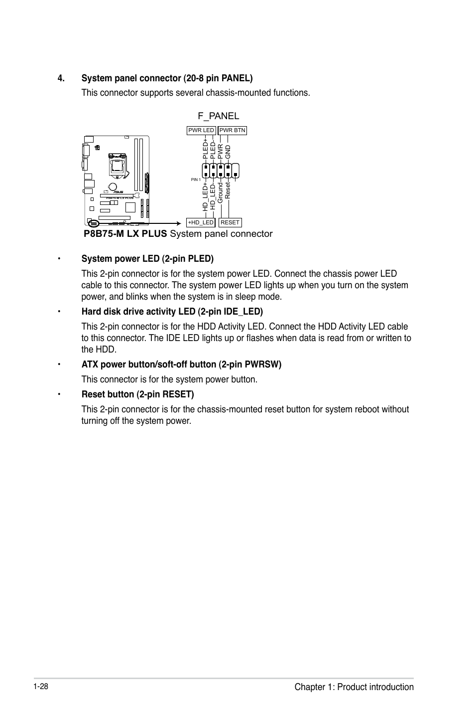 P8b75-m lx plus system panel connector, F_panel | Asus P8B75-M LX PLUS User Manual | Page 38 / 80