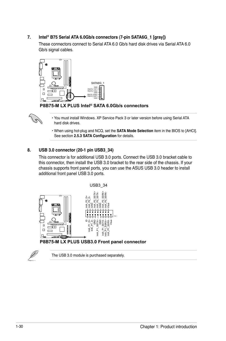 Chapter 1: product introduction 7. intel, P8b75-m lx plus intel, Sata 6.0gb/s connectors | Usb3_34, The usb 3.0 module is purchased separately | Asus P8B75-M LX PLUS User Manual | Page 40 / 80