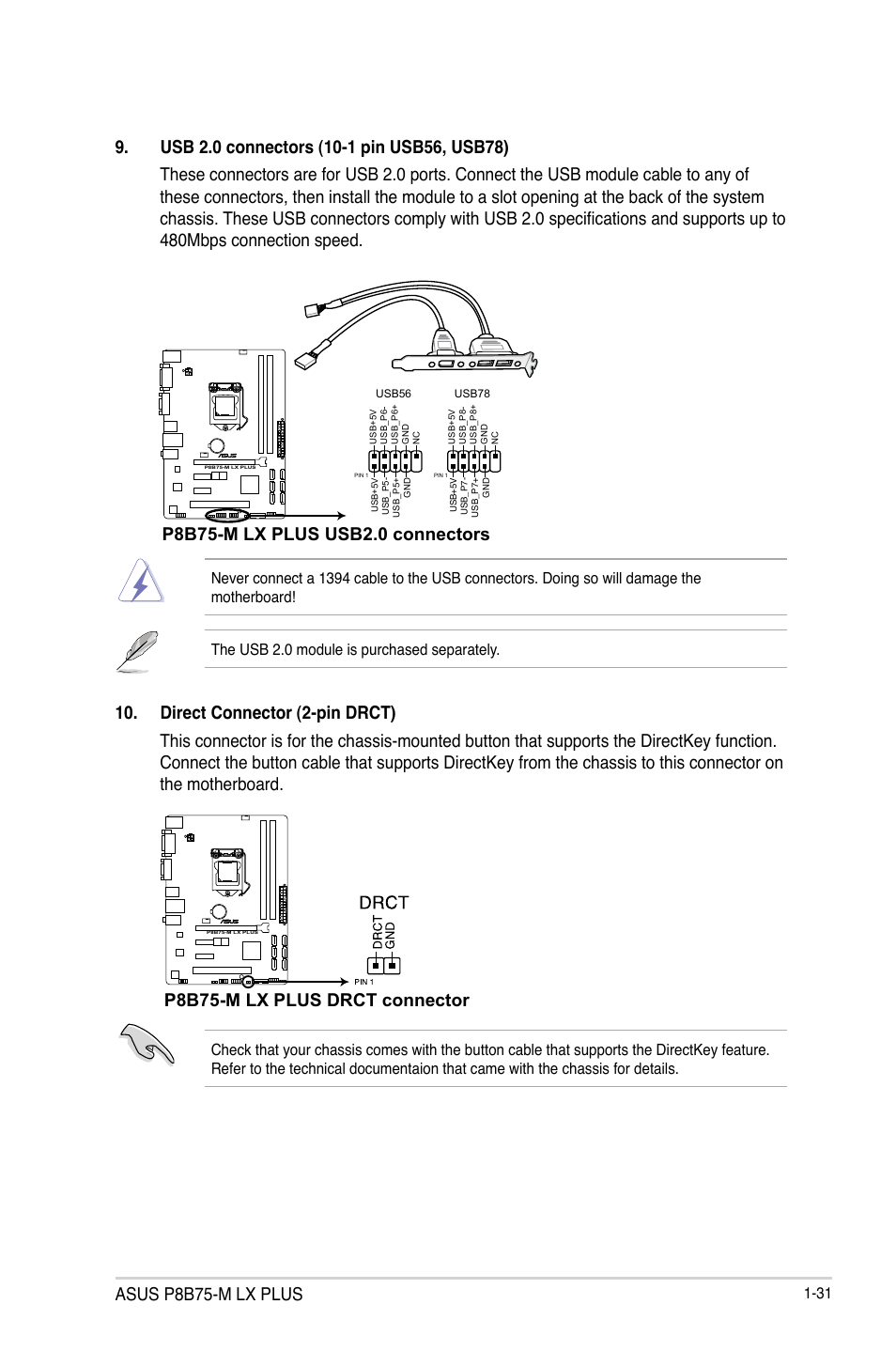 Asus p8b75-m lx plus, P8b75-m lx plus drct connector | Asus P8B75-M LX PLUS User Manual | Page 41 / 80