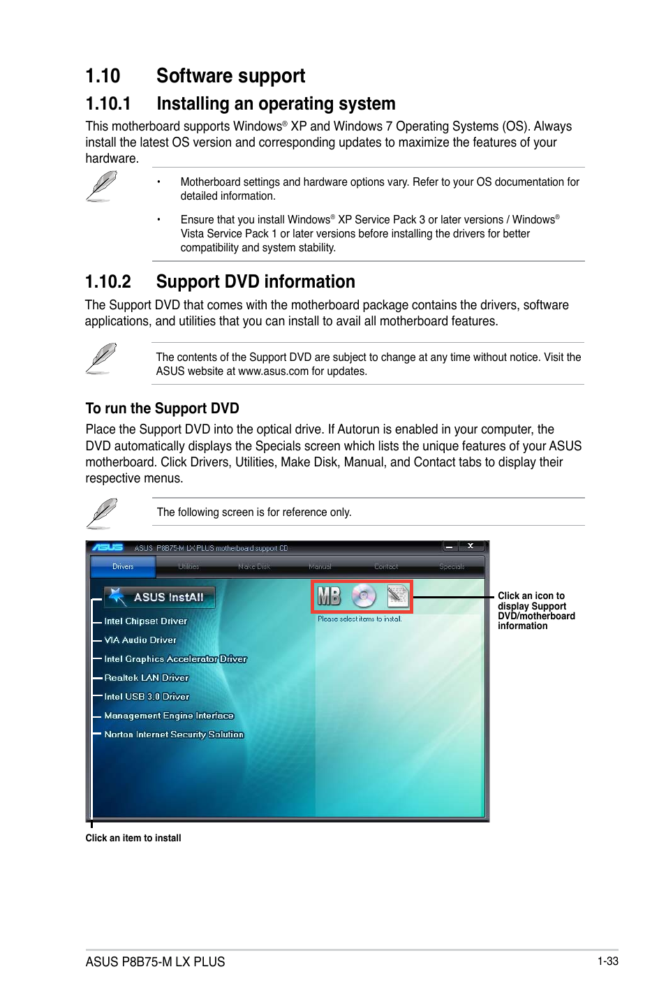 10 software support, 1 installing an operating system, 2 support dvd information | 10 software support -33 | Asus P8B75-M LX PLUS User Manual | Page 43 / 80