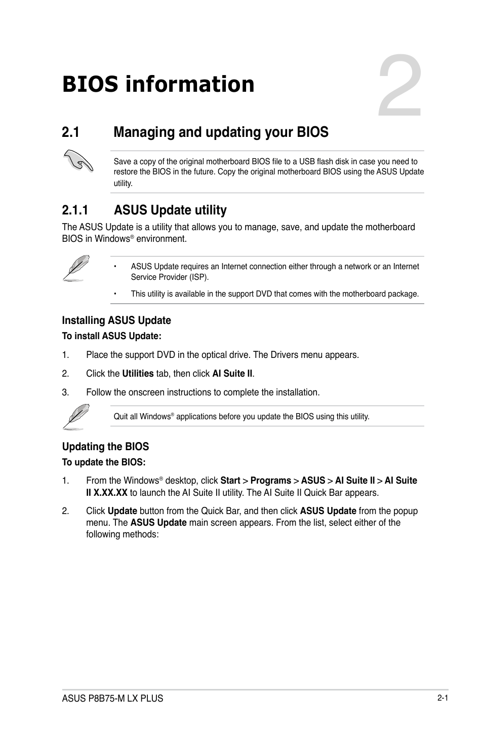 Bios information, 1 managing and updating your bios, 1 asus update utility | Managing and updating your bios -1 2.1.1, Asus update utility -1 | Asus P8B75-M LX PLUS User Manual | Page 45 / 80