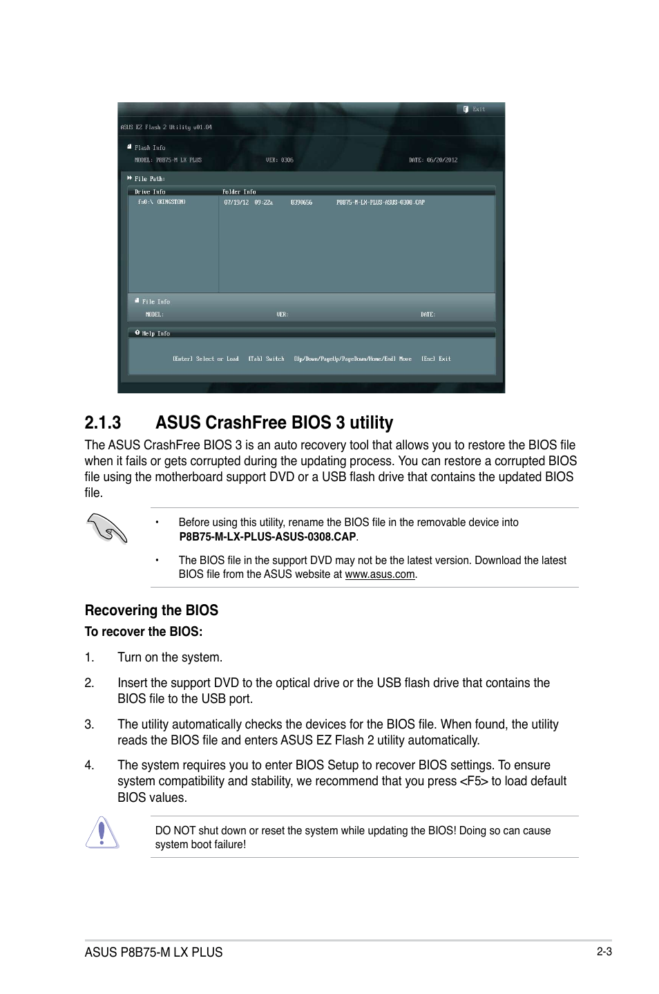 3 asus crashfree bios 3 utility, Asus crashfree bios 3 utility -3 | Asus P8B75-M LX PLUS User Manual | Page 47 / 80