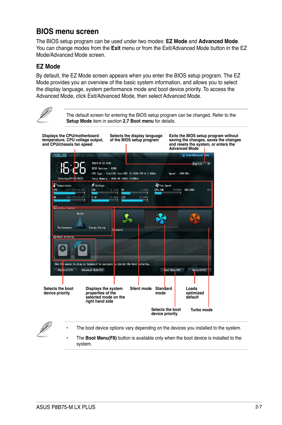 Bios menu screen, Bios menu screen -7, Ez mode | Asus P8B75-M LX PLUS User Manual | Page 51 / 80