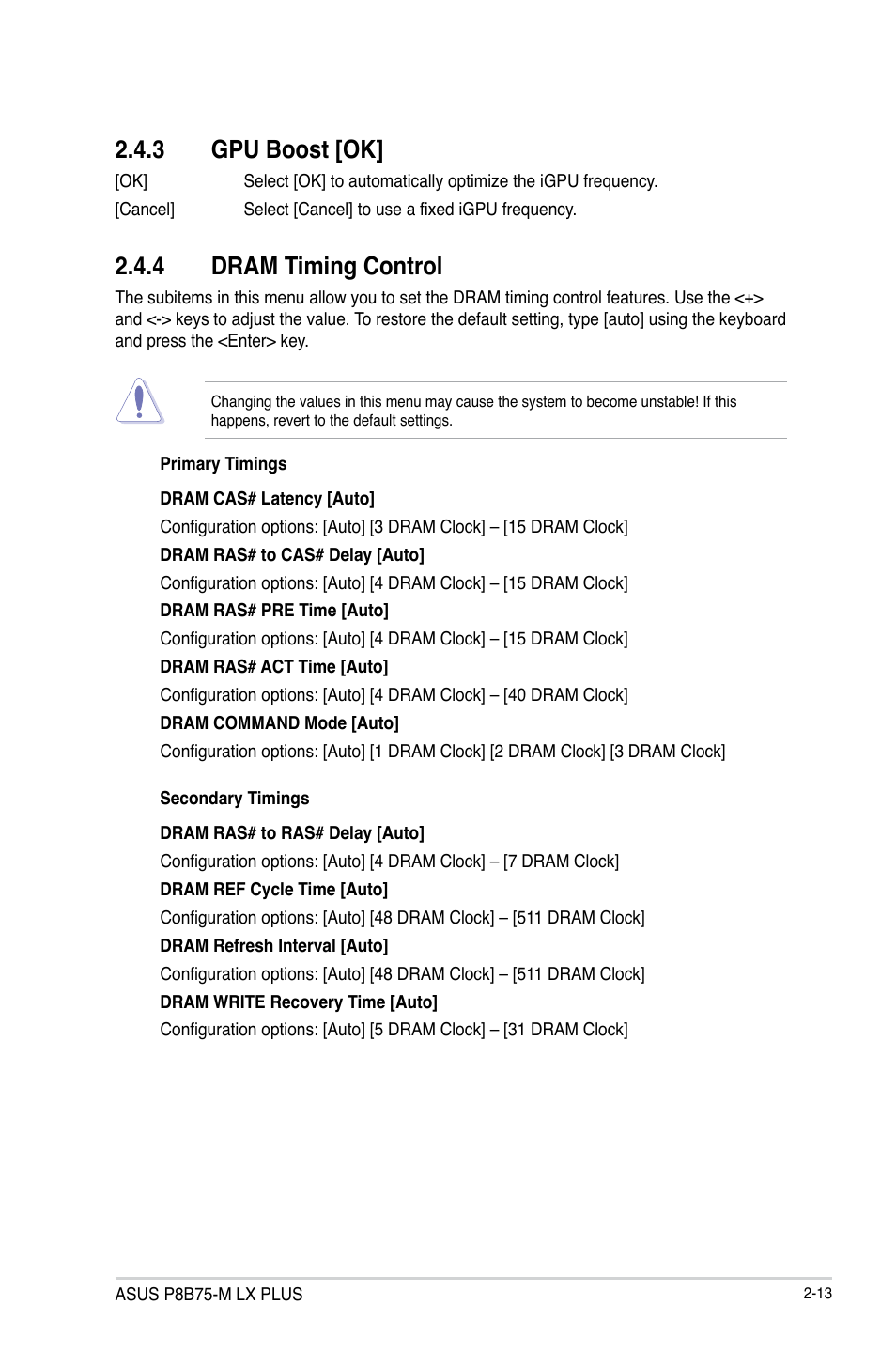 3 gpu boost [ok, 4 dram timing control, Gpu boost [ok] -13 | Dram timing control -13 | Asus P8B75-M LX PLUS User Manual | Page 57 / 80