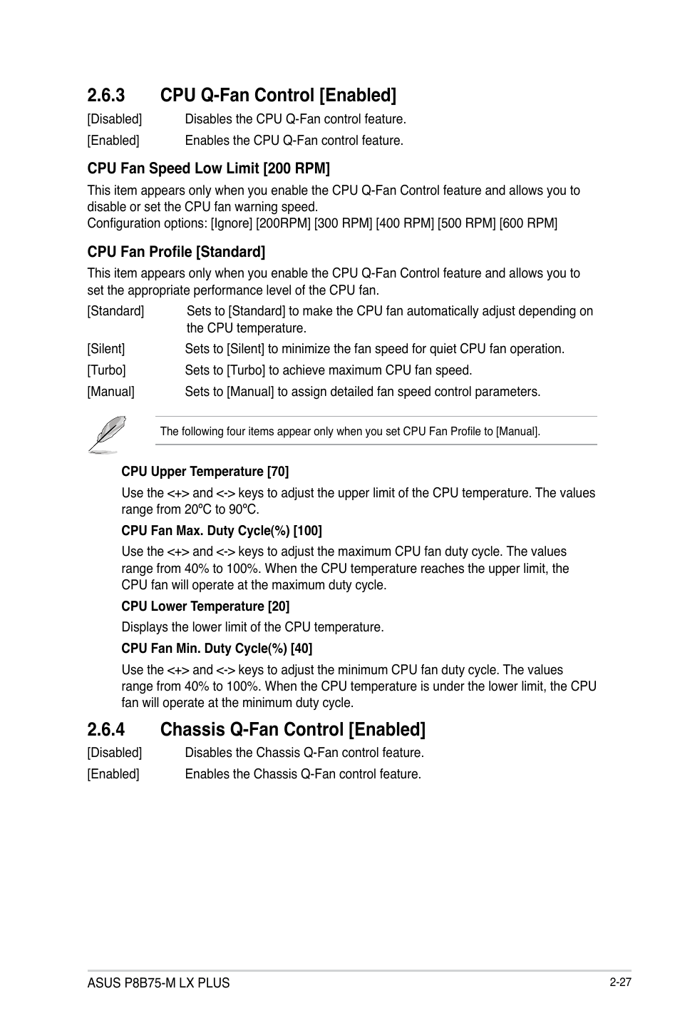 3 cpu q-fan control [enabled, 4 chassis q-fan control [enabled, Cpu q-fan control [enabled] -27 | Chassis q-fan control [enabled] -27 | Asus P8B75-M LX PLUS User Manual | Page 71 / 80