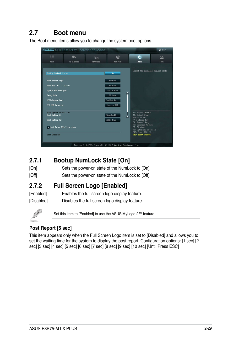 7 boot menu, 1 bootup numlock state [on, 2 full screen logo [enabled | Boot menu -29 2.7.1, Bootup numlock state [on] -29, Full screen logo [enabled] -29 | Asus P8B75-M LX PLUS User Manual | Page 73 / 80