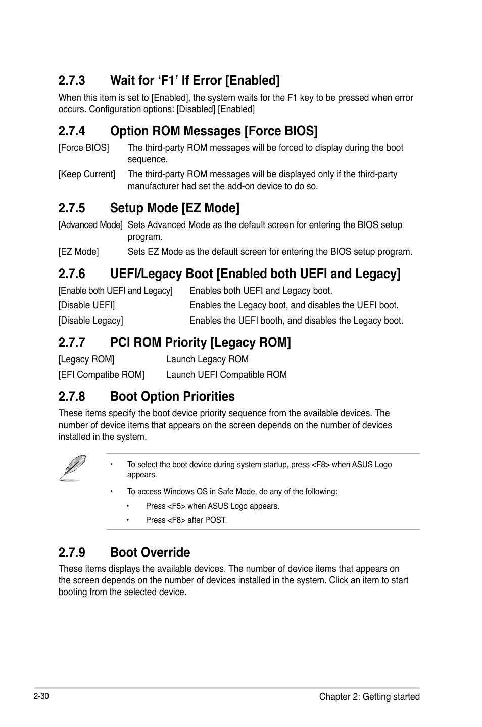 3 wait for ‘f1’ if error [enabled, 4 option rom messages [force bios, 5 setup mode [ez mode | 6 uefi/legacy boot [enabled both uefi and legacy, 7 pci rom priority [legacy rom, 8 boot option priorities, 9 boot override, Wait for ‘f1’ if error [enabled] -30, Option rom messages [force bios] -30, Setup mode [ez mode] -30 | Asus P8B75-M LX PLUS User Manual | Page 74 / 80