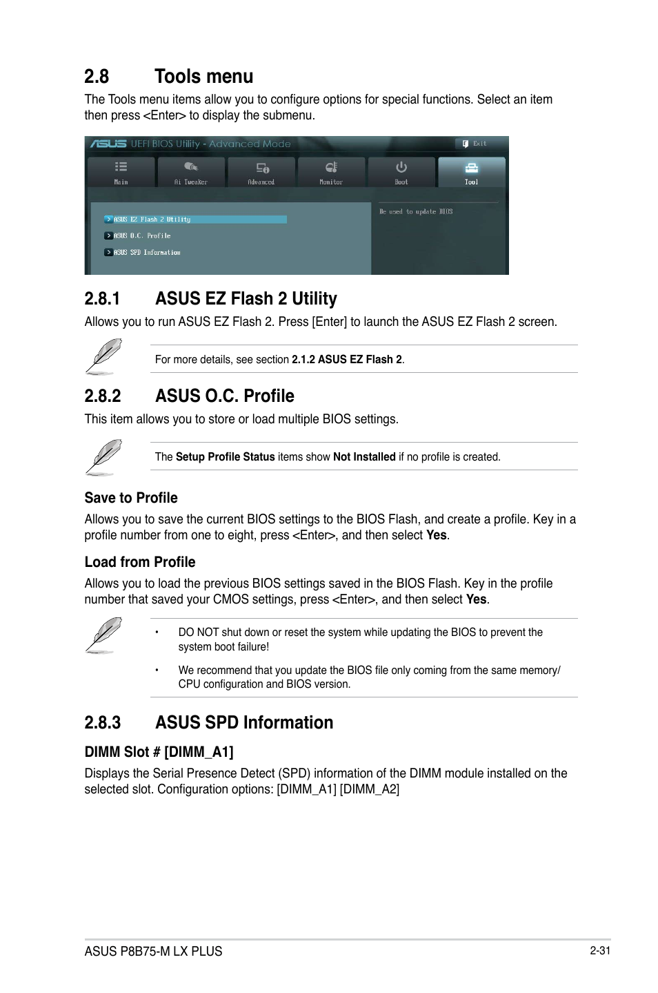 8 tools menu, 1 asus ez flash 2 utility, 2 asus o.c. profile | 3 asus spd information, Tools menu -31 2.8.1, Asus ez flash 2 utility -31, Asus o.c. profile -31, Asus spd information -31 | Asus P8B75-M LX PLUS User Manual | Page 75 / 80