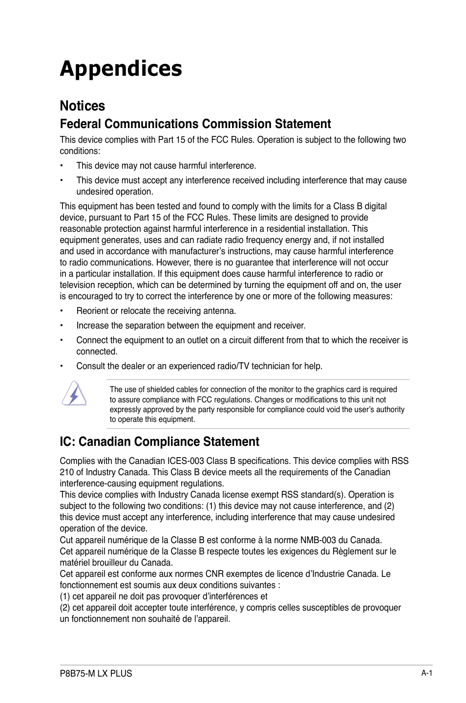 Appendices, Notices, Federal communications commission statement | Ic: canadian compliance statement | Asus P8B75-M LX PLUS User Manual | Page 77 / 80