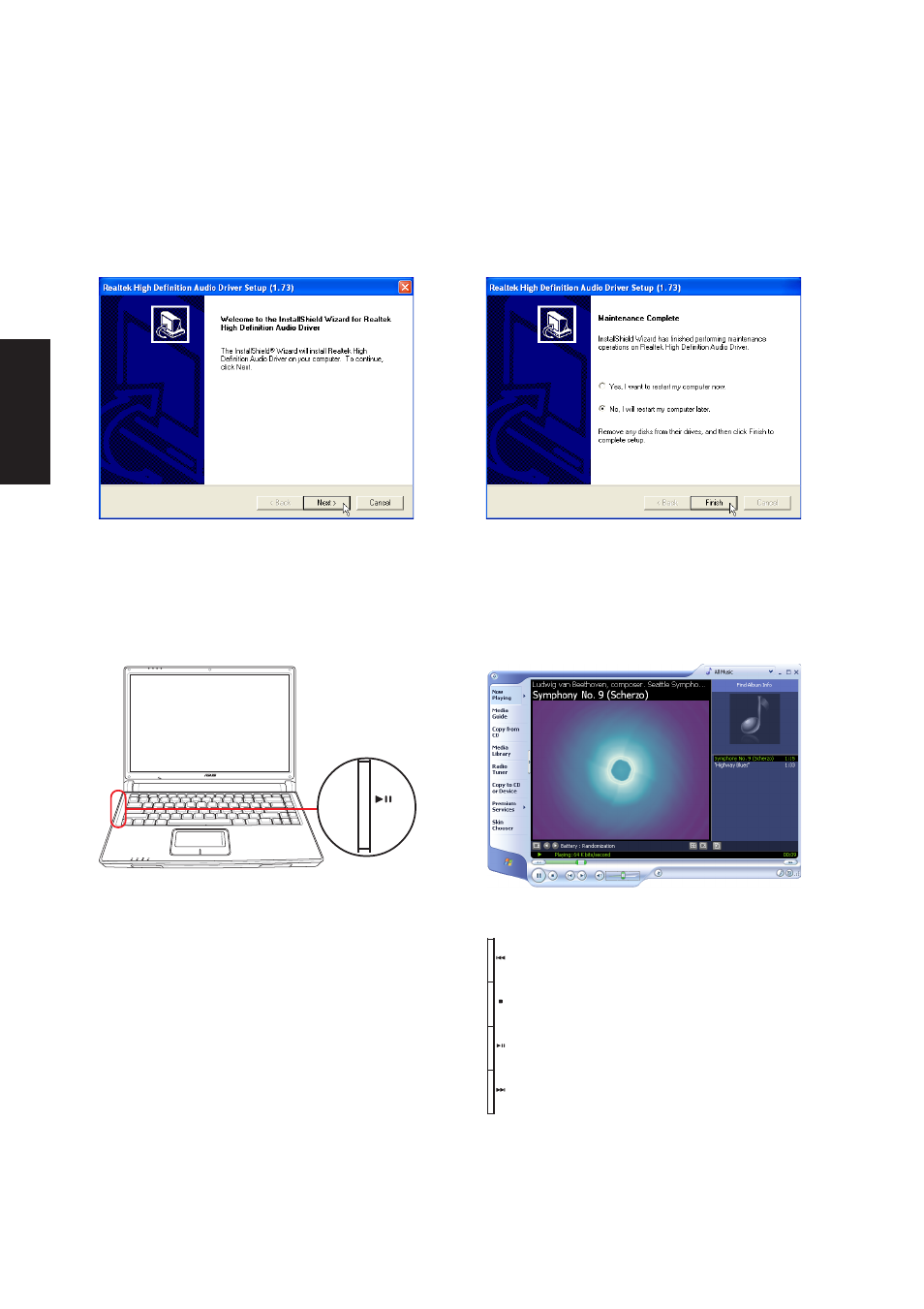 Audio driver setup, Using cd player in windows | Asus W3V User Manual | Page 22 / 106