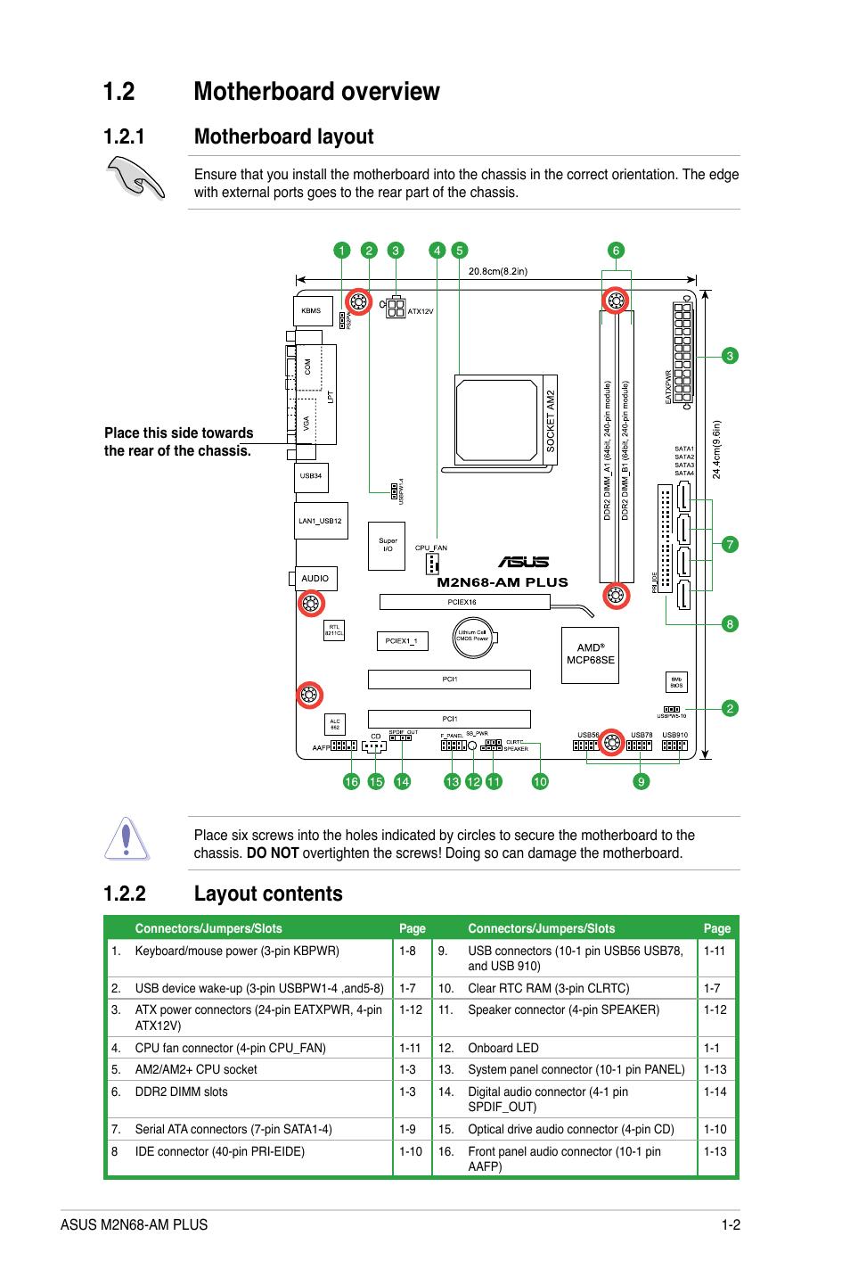 2 motherboard overview, 1 motherboard layout, 2 layout contents | Asus M2N68-AM PLUS User Manual | Page 11 / 40