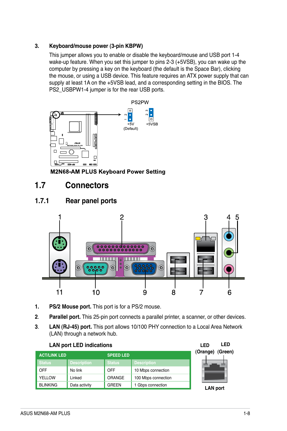 7 connectors, 1 rear panel ports | Asus M2N68-AM PLUS User Manual | Page 17 / 40