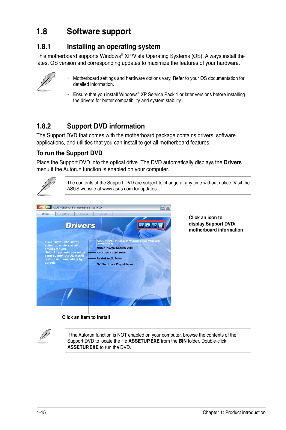 8 software support, 1 installing an operating system, 2 support dvd information | Asus M2N68-AM PLUS User Manual | Page 24 / 40