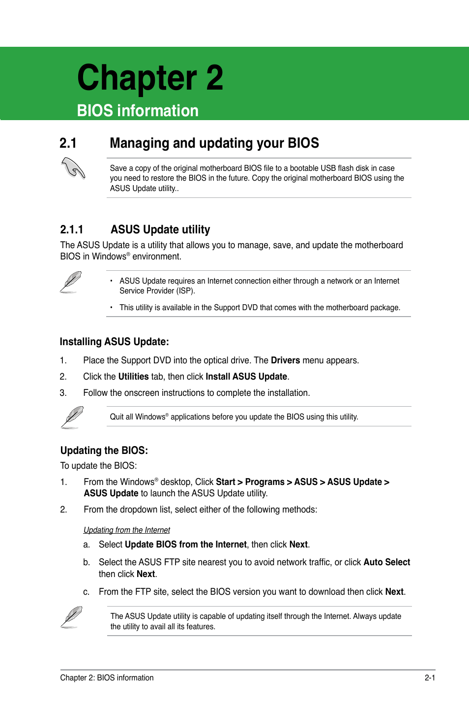 Chapter 2, Bios information, 1 managing and updating your bios | 1 asus update utility | Asus M2N68-AM PLUS User Manual | Page 25 / 40