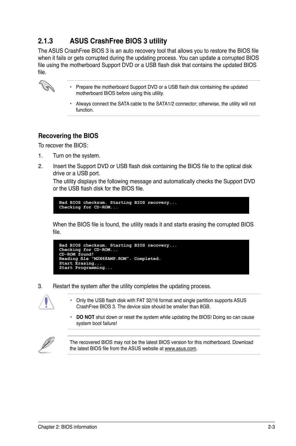 3 asus crashfree bios 3 utility, Recovering the bios | Asus M2N68-AM PLUS User Manual | Page 27 / 40