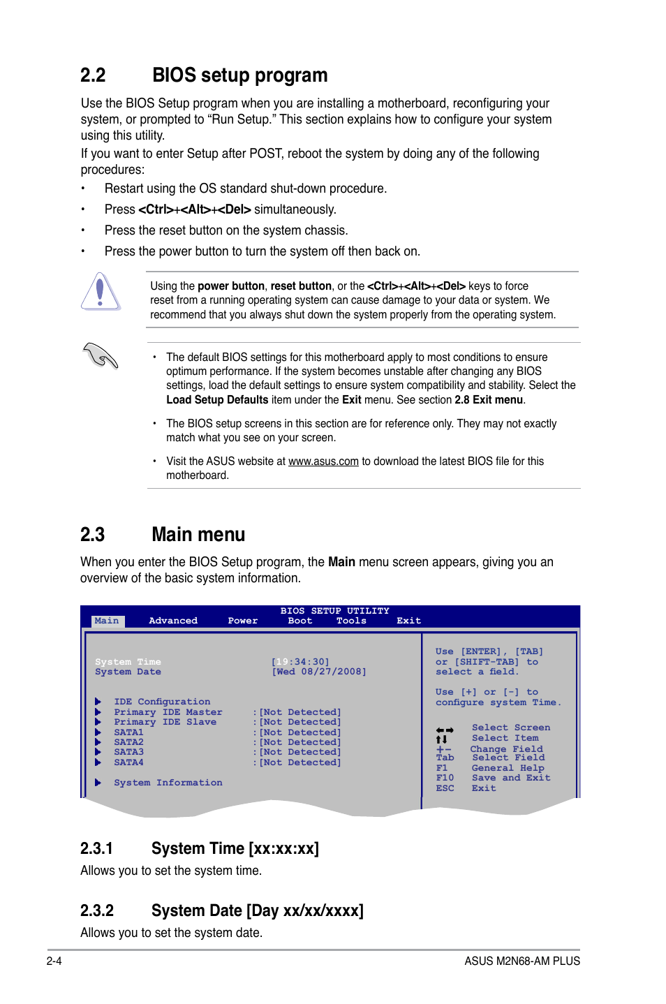 2 bios setup program, 3 main menu, 1 system time [xx:xx:xx | Asus M2N68-AM PLUS User Manual | Page 28 / 40