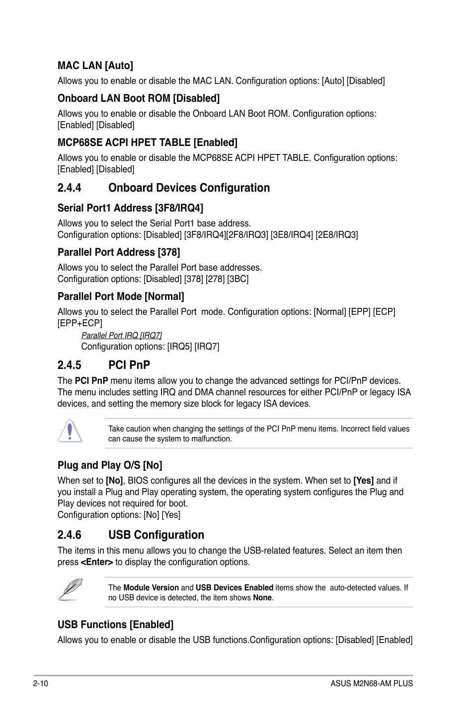4 onboard devices configuration, 5 pci pnp, 6 usb configuration | Asus M2N68-AM PLUS User Manual | Page 34 / 40