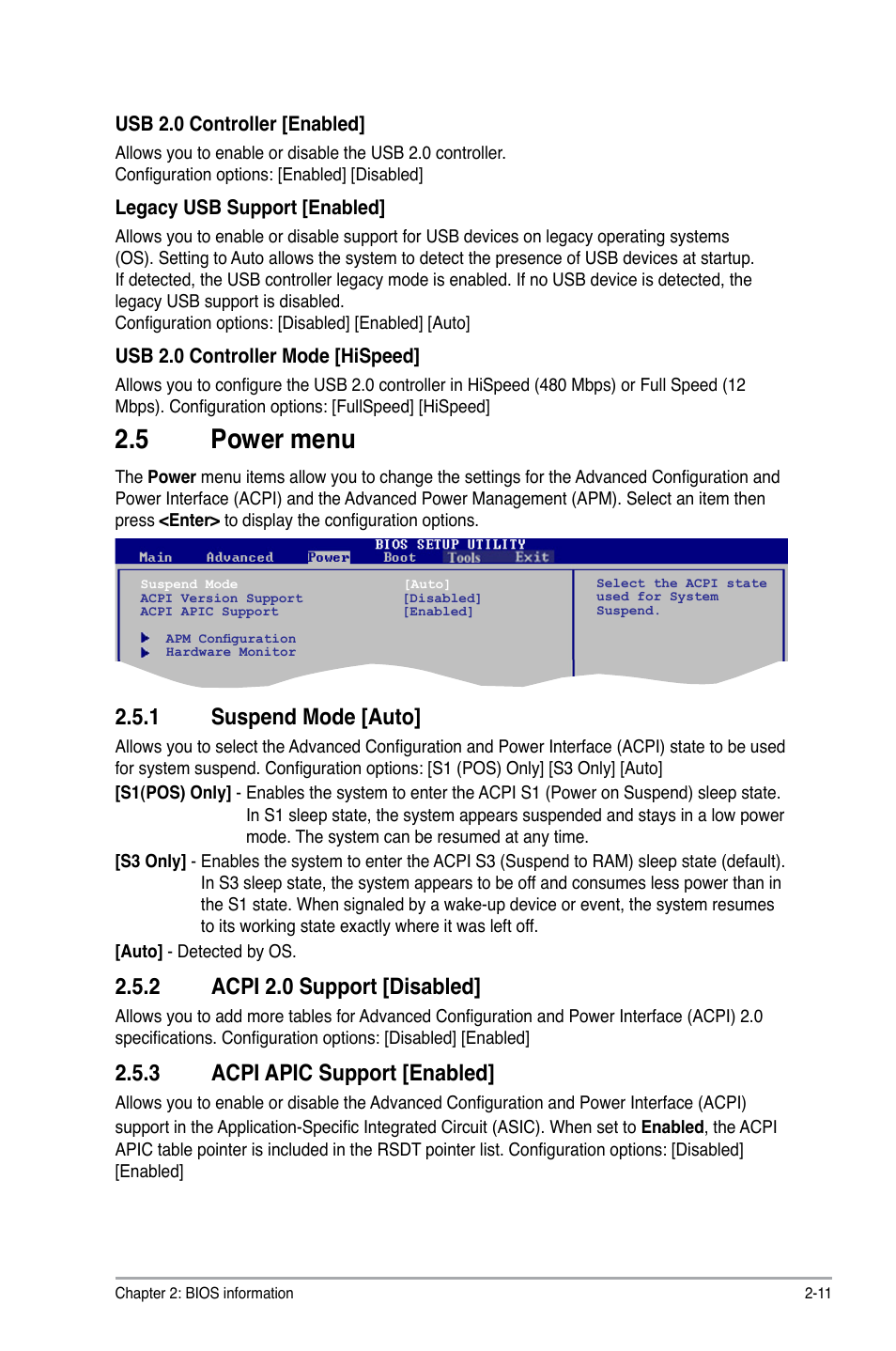 5 power menu, 1 suspend mode [auto, 2 acpi 2.0 support [disabled | 3 acpi apic support [enabled | Asus M2N68-AM PLUS User Manual | Page 35 / 40