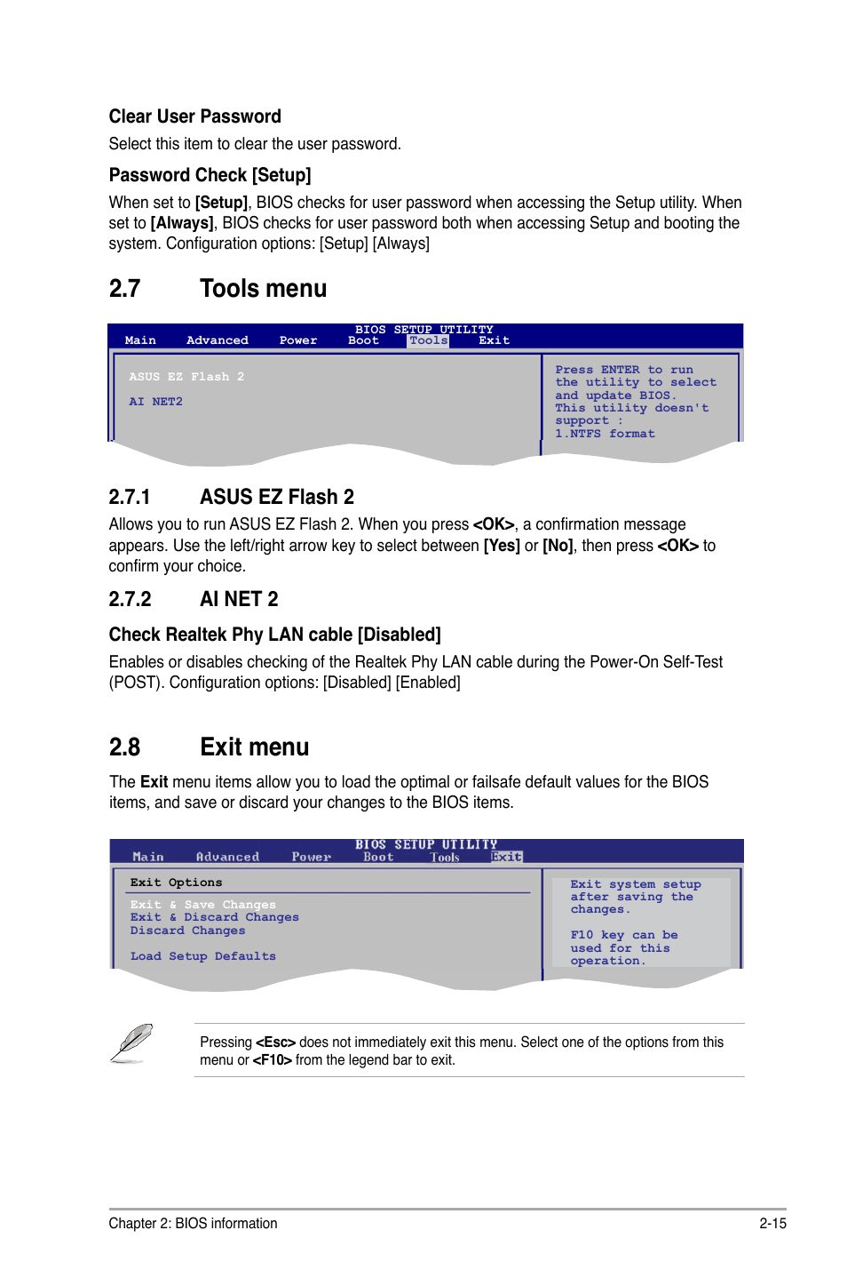 7 tools menu, 8 exit menu, 1 asus ez flash 2 | 2 ai net 2 | Asus M2N68-AM PLUS User Manual | Page 39 / 40