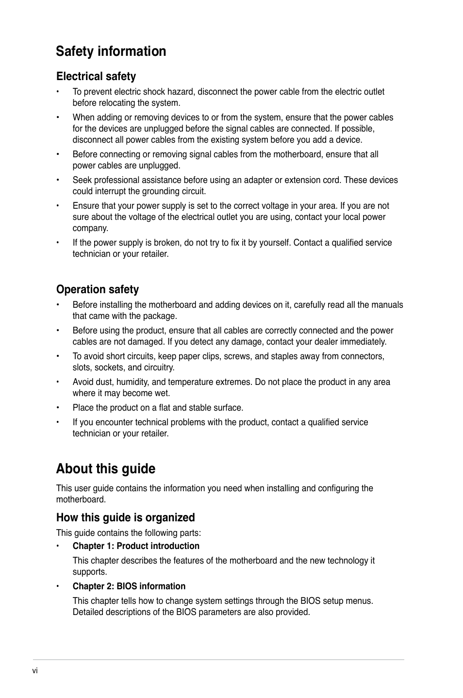 Safety information, About this guide, Electrical safety | Operation safety, How this guide is organized | Asus M2N68-AM PLUS User Manual | Page 6 / 40