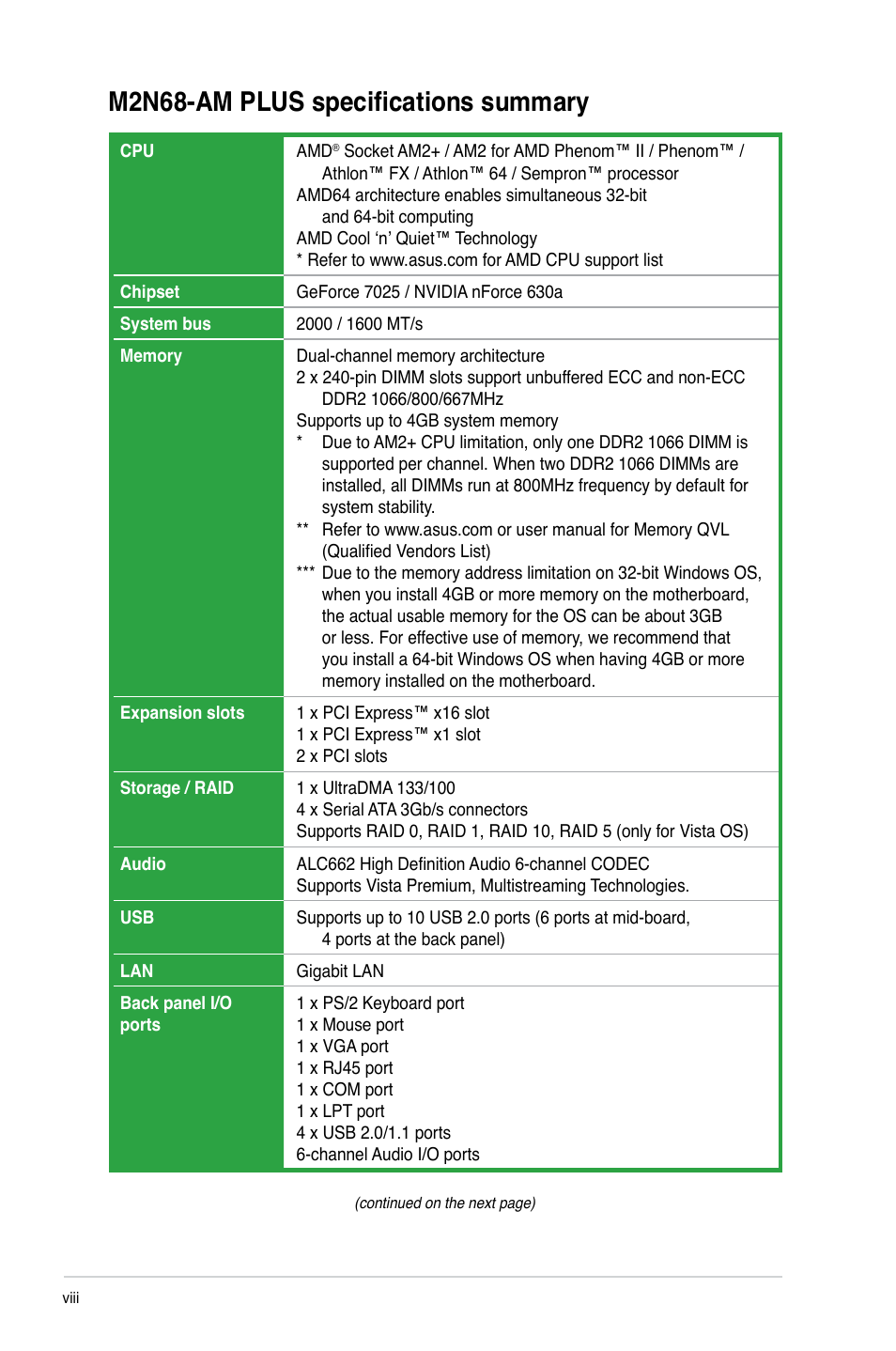 M2n68-am plus specifications summary | Asus M2N68-AM PLUS User Manual | Page 8 / 40