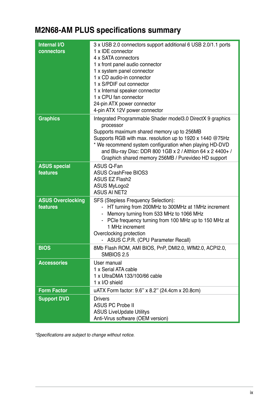 M2n68-am plus specifications summary | Asus M2N68-AM PLUS User Manual | Page 9 / 40