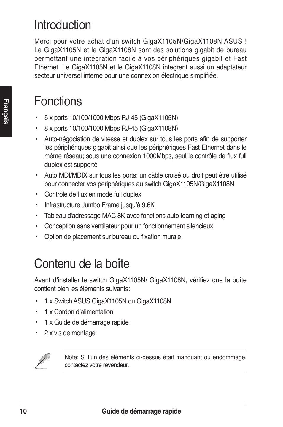 Introduction, Fonctions, Contenu de la boîte | Asus GigaX1105N User Manual | Page 11 / 57