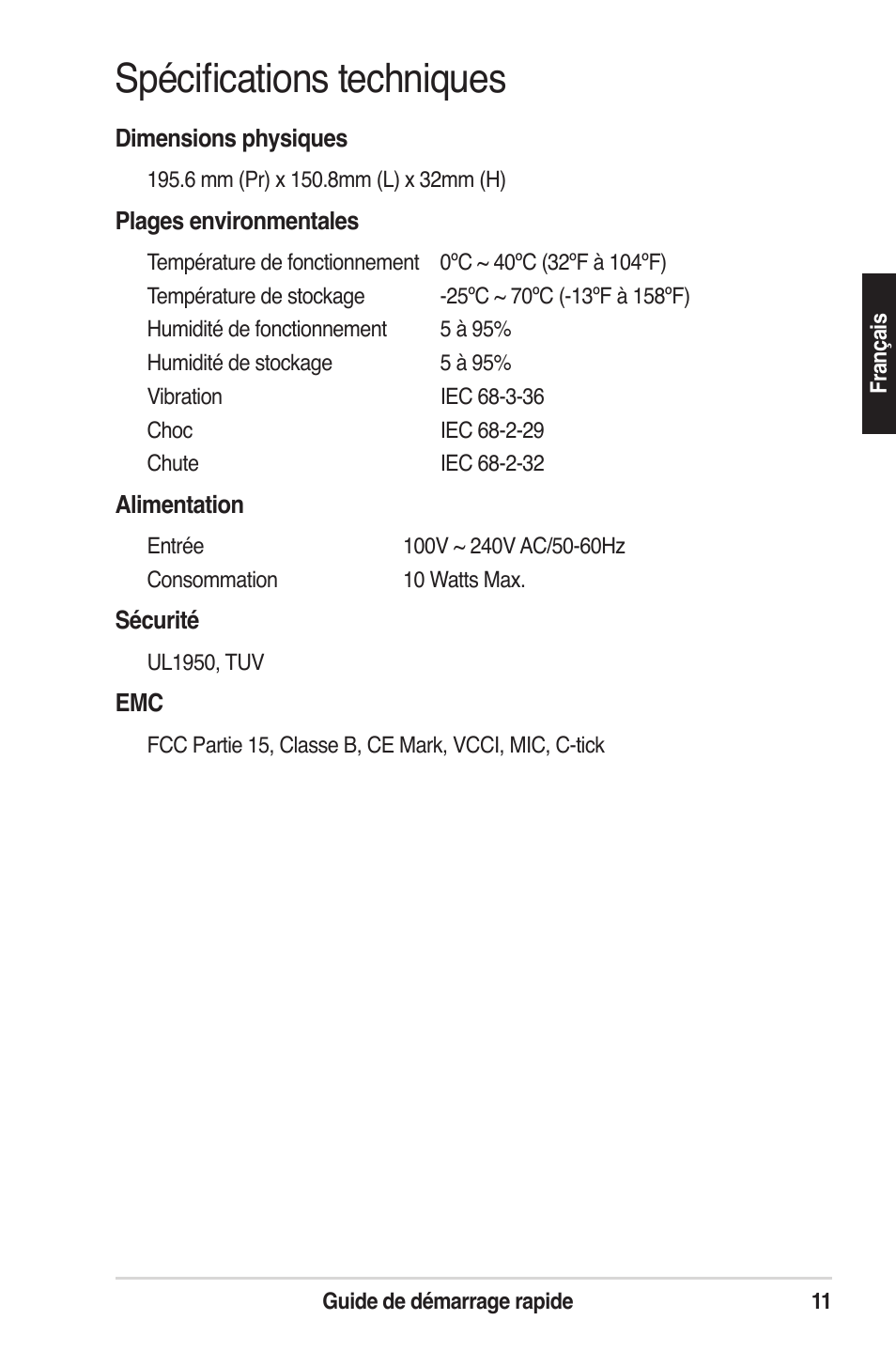 Spéciﬁcations techniques | Asus GigaX1105N User Manual | Page 12 / 57