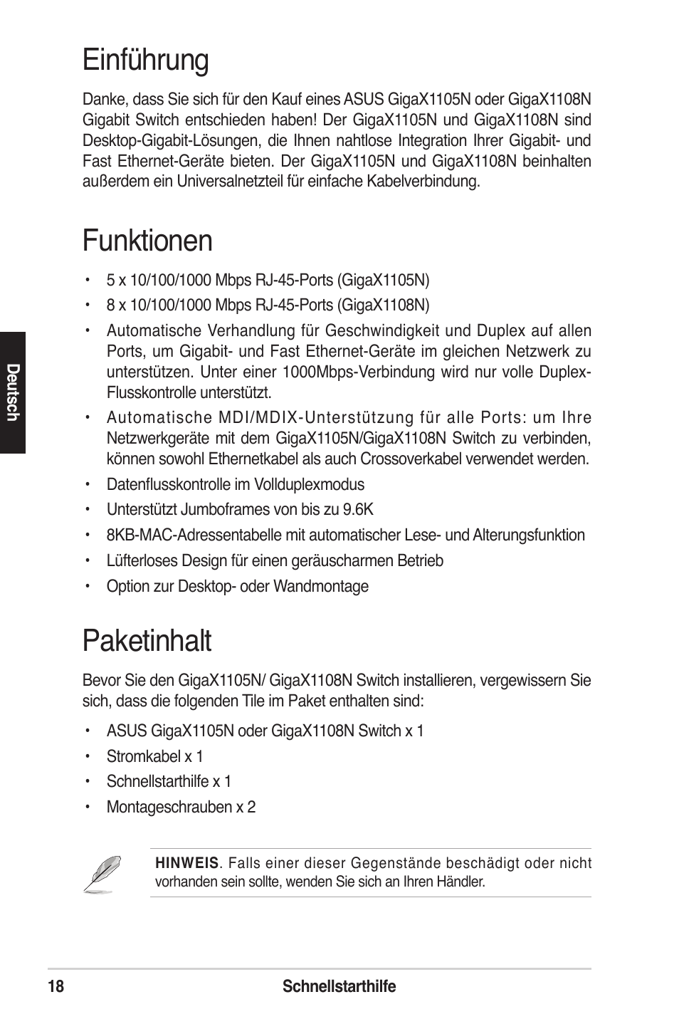 Einführung, Funktionen, Paketinhalt | Asus GigaX1105N User Manual | Page 19 / 57