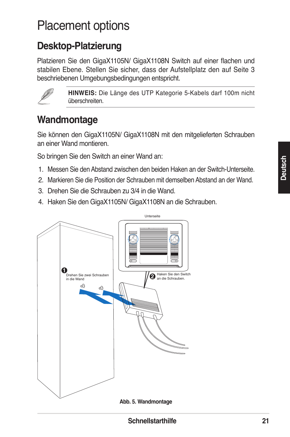 Placement options, Desktop-platzierung, Wandmontage | Asus GigaX1105N User Manual | Page 22 / 57