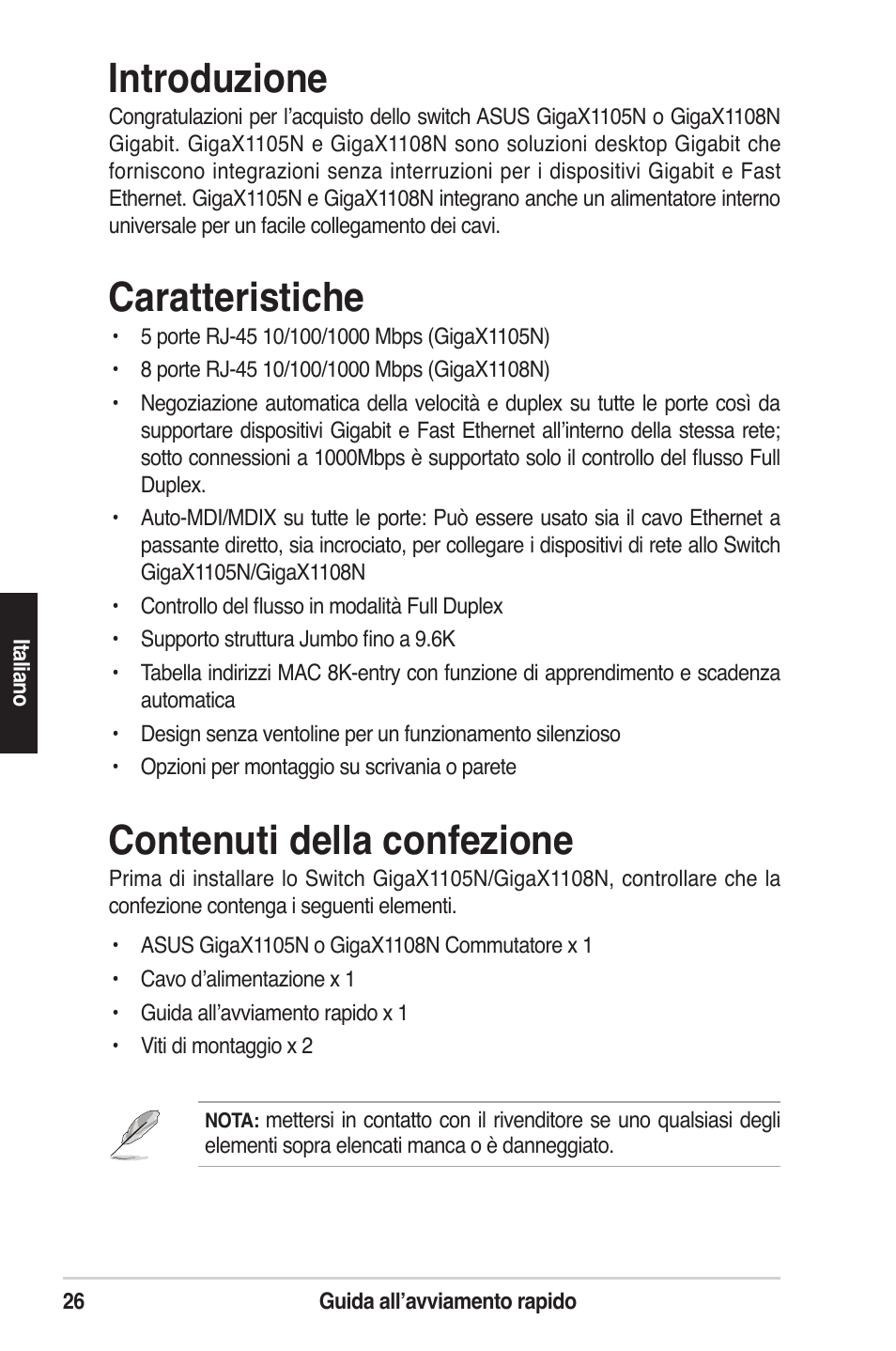 Introduzione, Caratteristiche, Contenuti della confezione | Asus GigaX1105N User Manual | Page 27 / 57