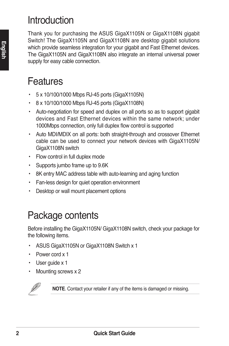 Introduction, Features, Package contents | Asus GigaX1105N User Manual | Page 3 / 57