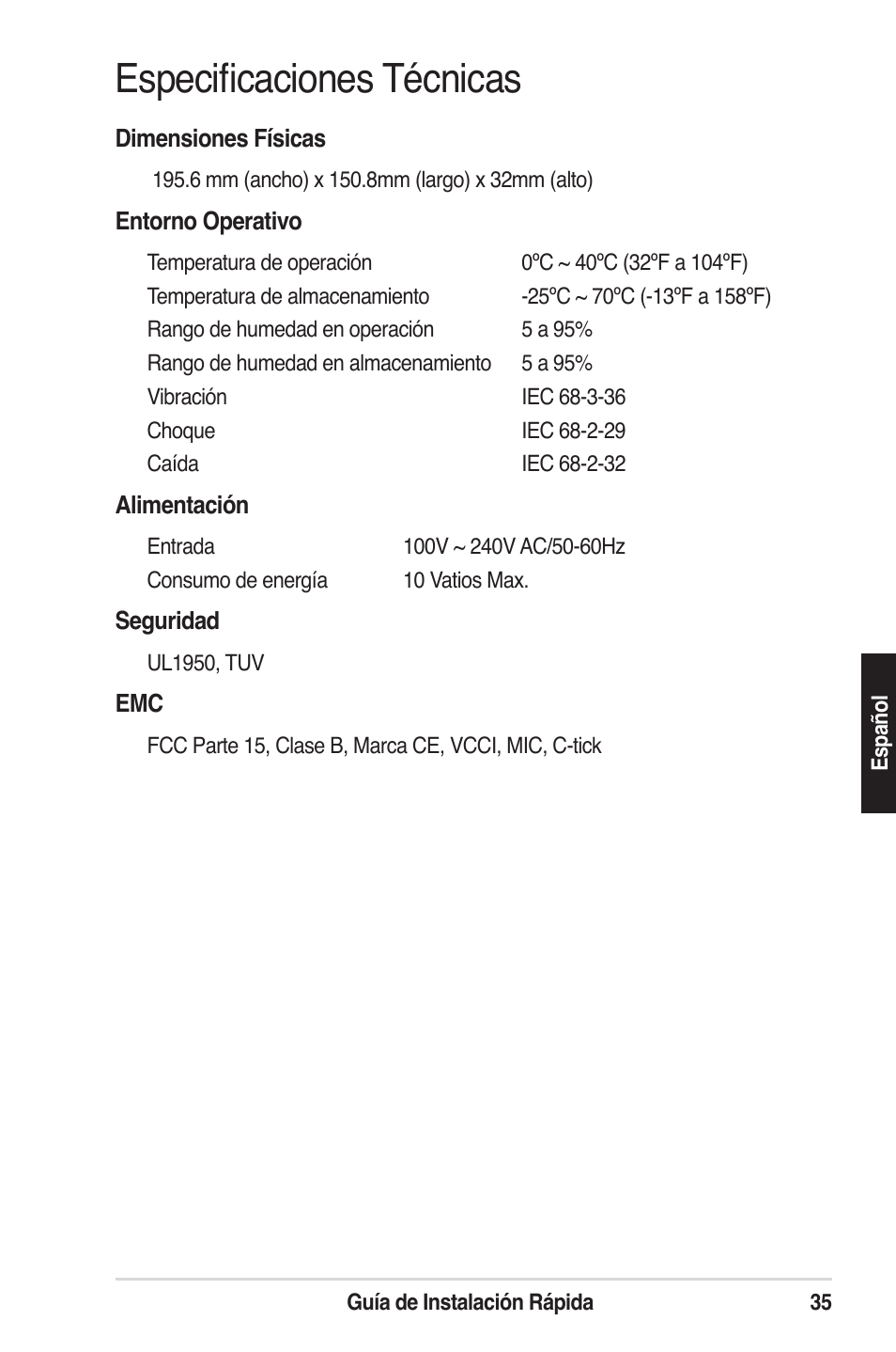 Especificaciones técnicas | Asus GigaX1105N User Manual | Page 36 / 57