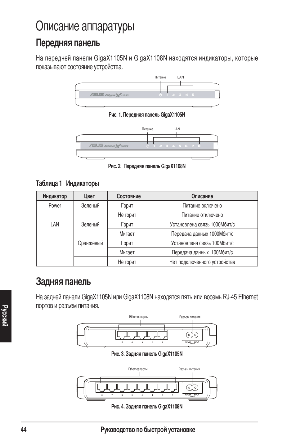 Описание аппаратуры, Задняя панель, Передняя панель | 44 руководство по быстрой установке ру сск ий | Asus GigaX1105N User Manual | Page 45 / 57