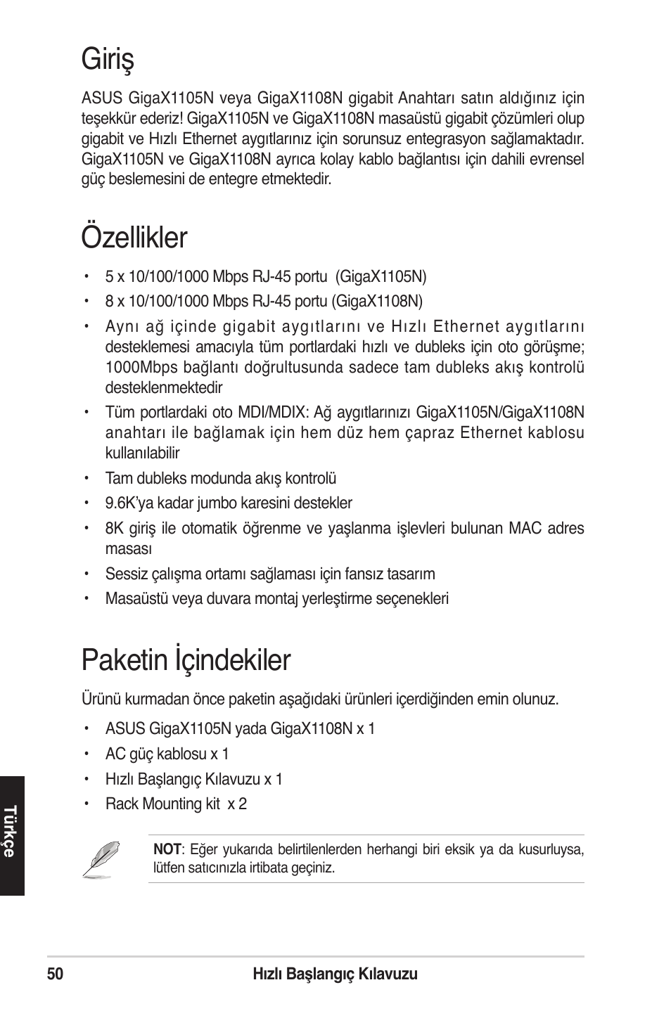 Giriş, Özellikler, Paketin içindekiler | Asus GigaX1105N User Manual | Page 51 / 57
