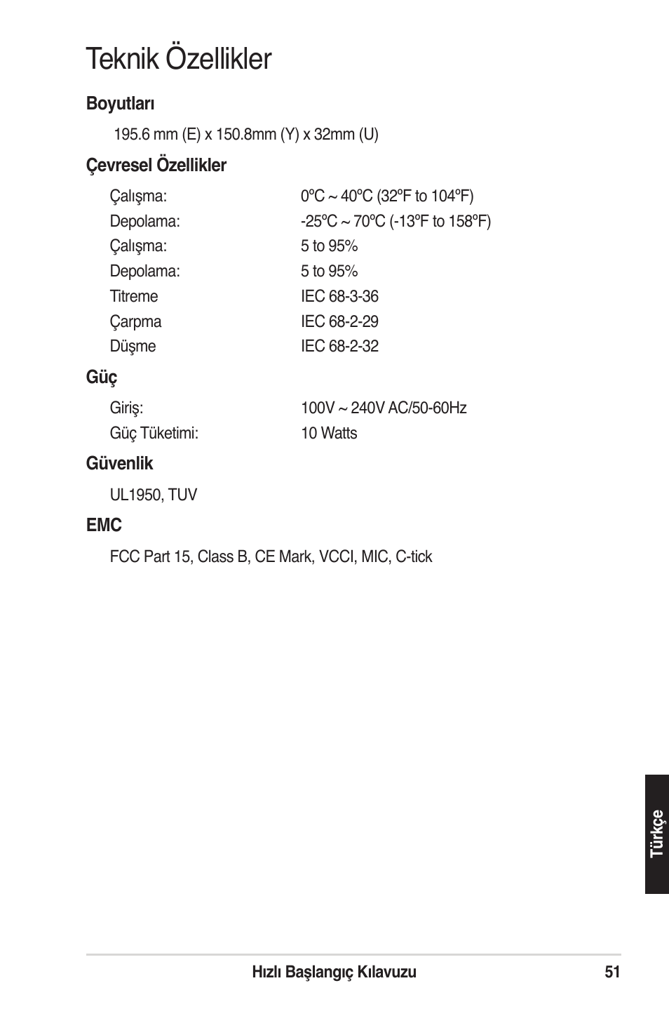 Teknik özellikler | Asus GigaX1105N User Manual | Page 52 / 57