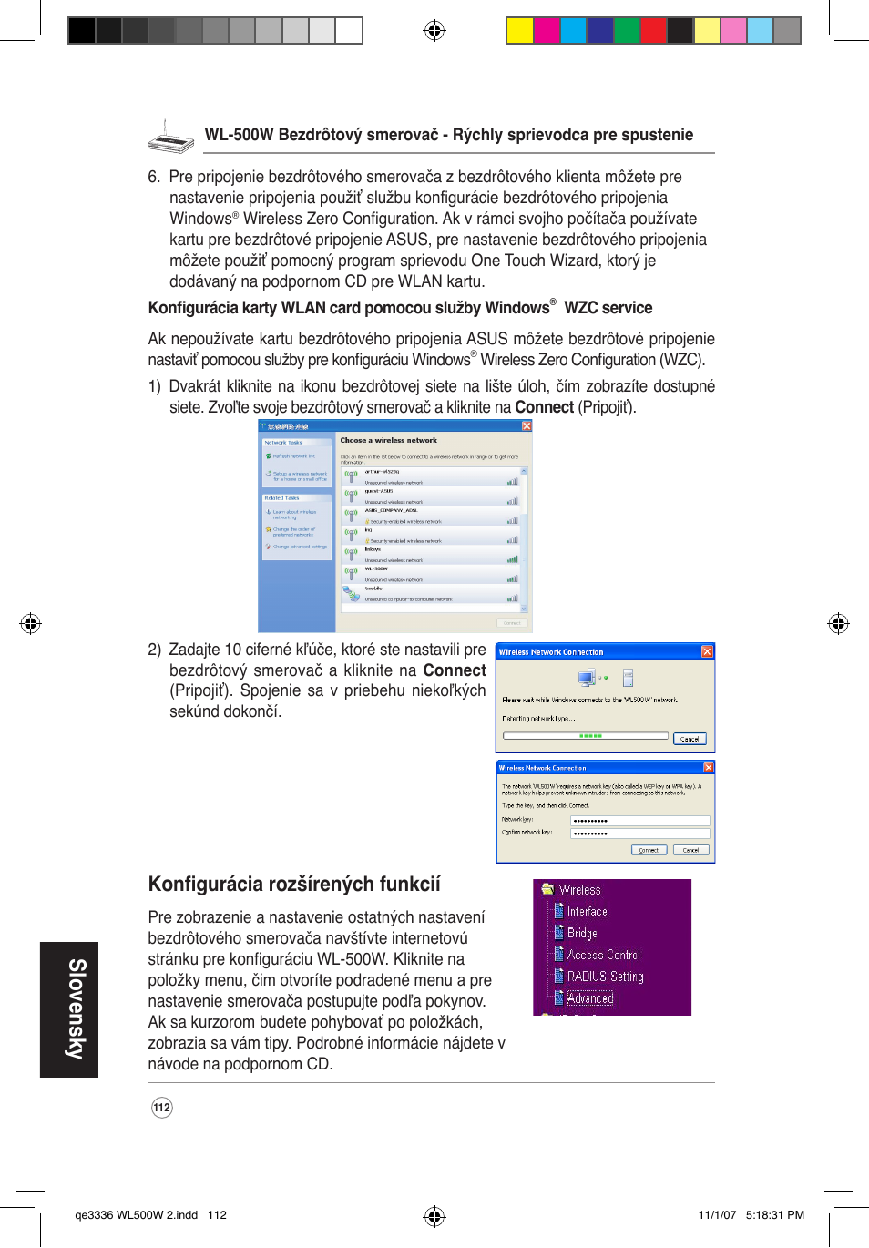 Slovensky, Konfigurácia rozšírených funkcií | Asus WL-500W User Manual | Page 113 / 137