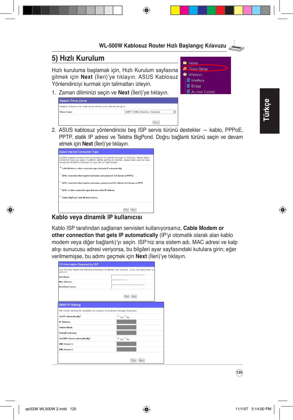 Türkçe, 5) hızlı kurulum | Asus WL-500W User Manual | Page 126 / 137