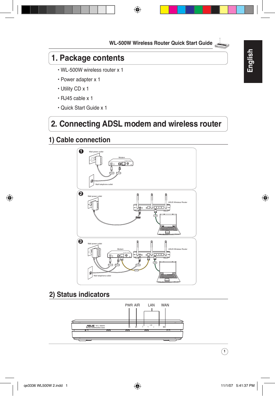 English 2) status indicators, Cable connection, Wl-500w wireless router quick start guide | Asus WL-500W User Manual | Page 2 / 137