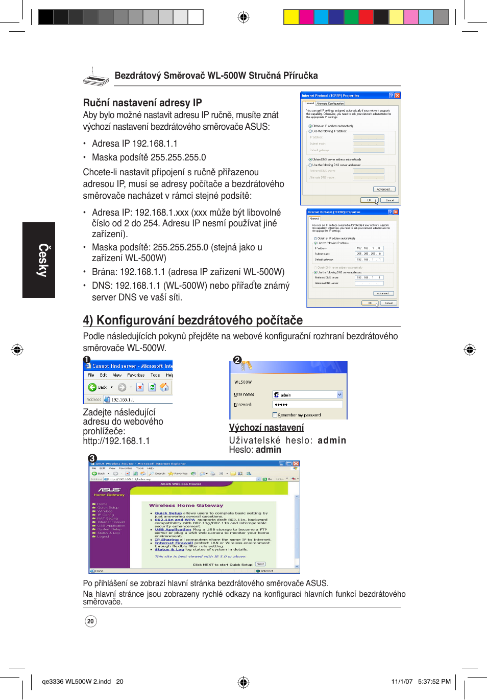 Česky, 4) konfigurování bezdrátového počítače | Asus WL-500W User Manual | Page 21 / 137