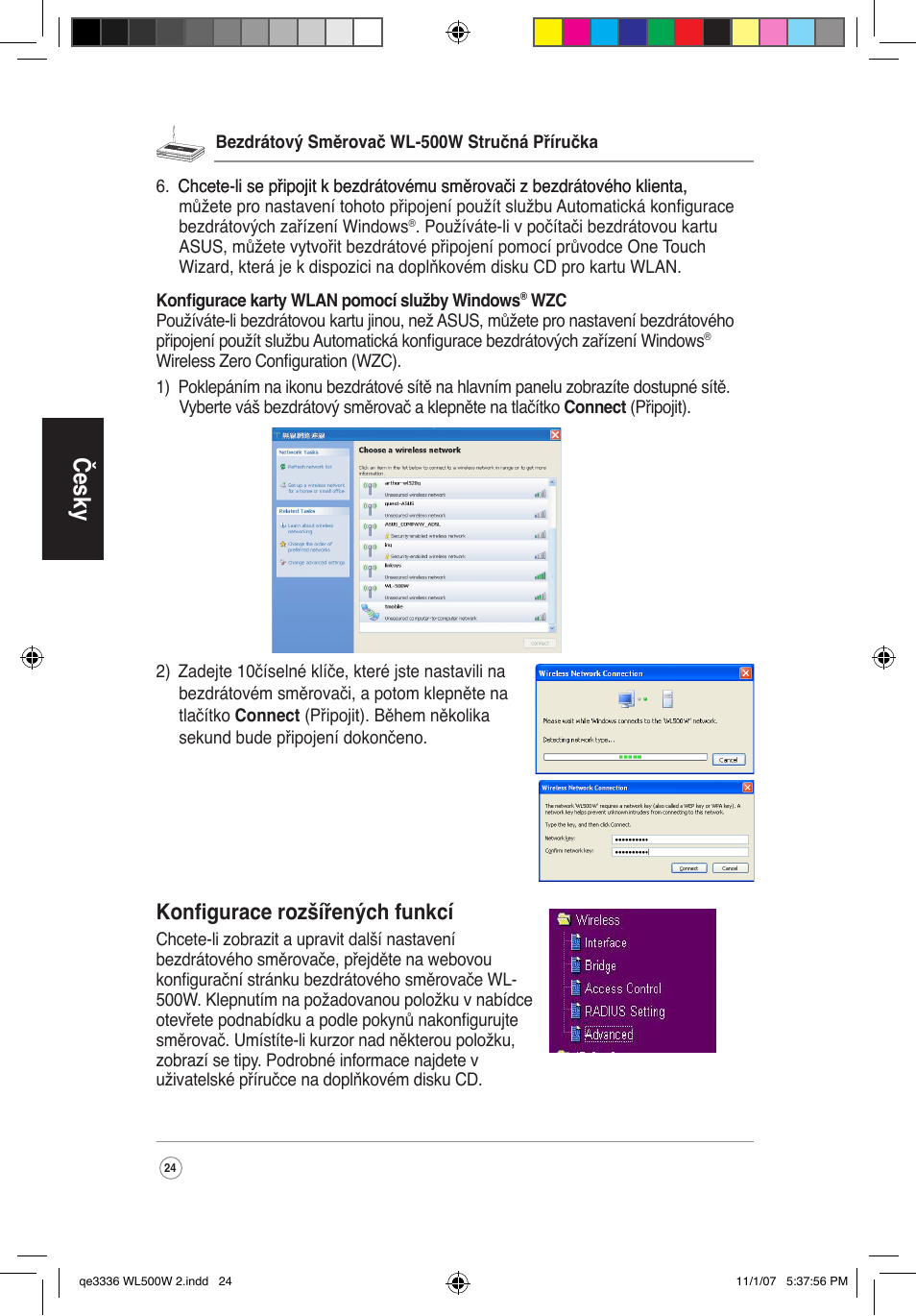 Česky, Konfigurace rozšířených funkcí | Asus WL-500W User Manual | Page 25 / 137