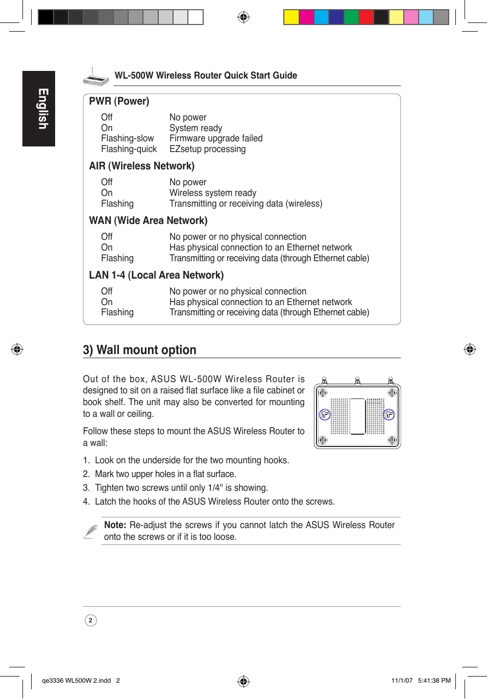 English, 3) wall mount option | Asus WL-500W User Manual | Page 3 / 137