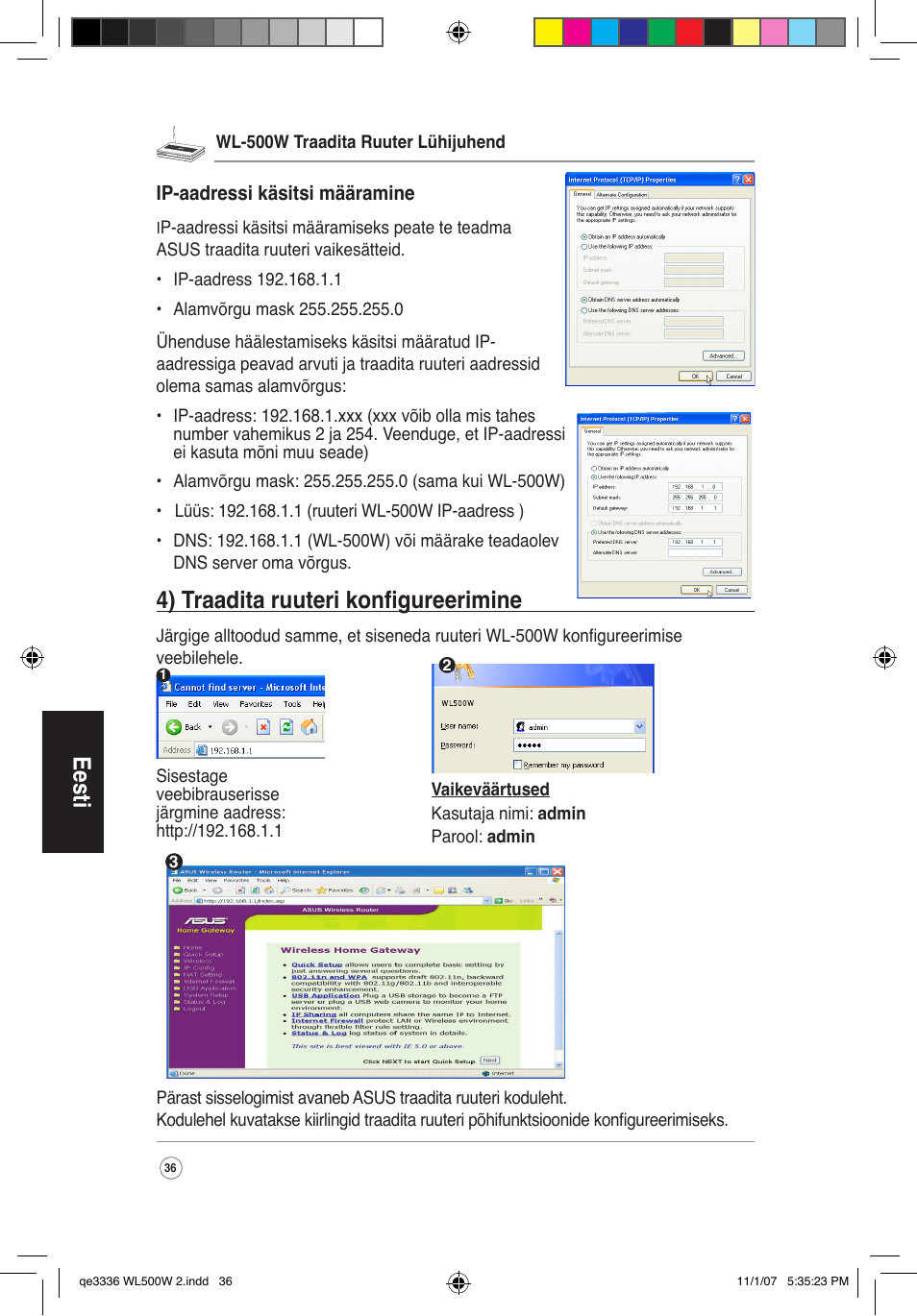 Eesti, 4) traadita ruuteri konfigureerimine | Asus WL-500W User Manual | Page 37 / 137