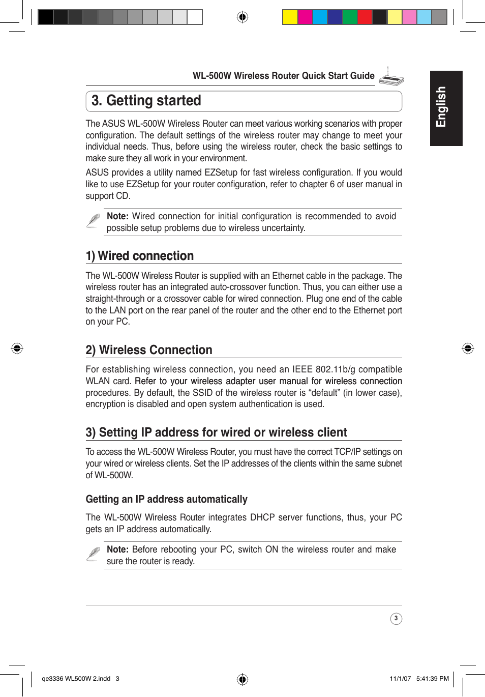 Getting started, English, Wired connection ired connection | 2) wireless connection, 3) setting ip address for wired or wireless client | Asus WL-500W User Manual | Page 4 / 137