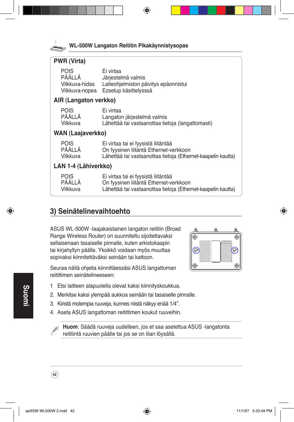 Suomi, 3) seinätelinevaihtoehto | Asus WL-500W User Manual | Page 43 / 137